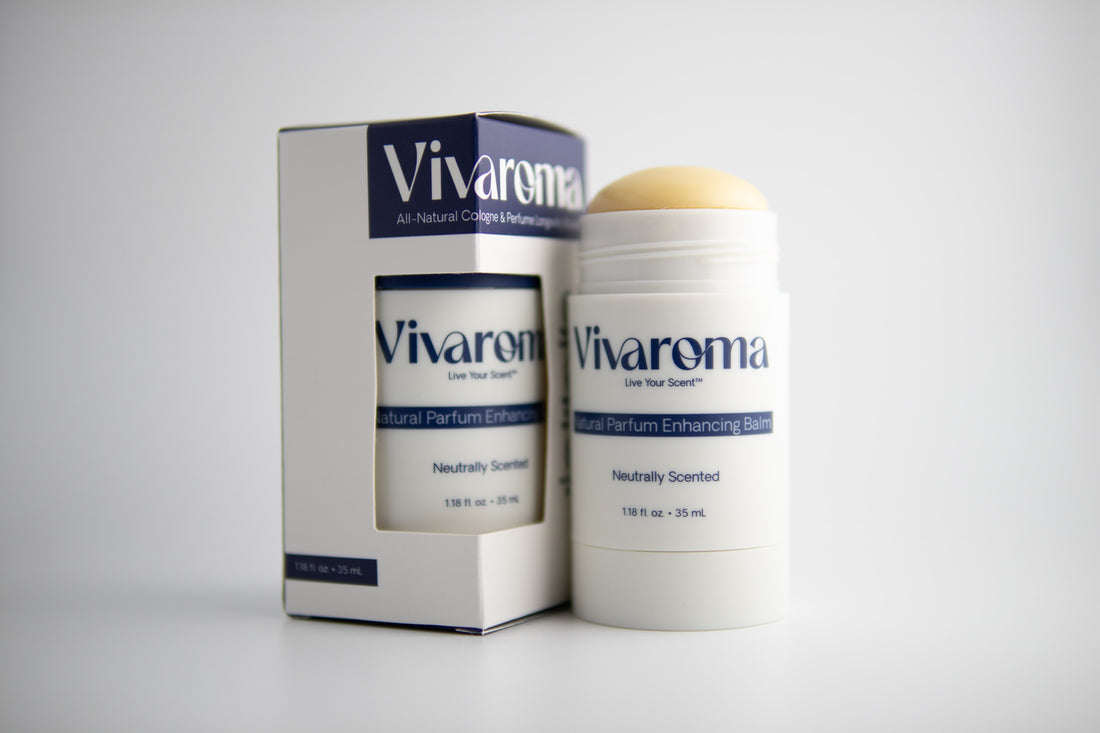 Two Vivaroma Fragrance Enhancing Balms; Enclosed in its native box (left) and Balm exposed (right) 